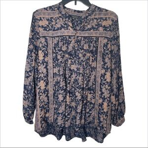 Lucky Brand Blue Tan Pleated peasant Henley mandarin collar Blouse size large